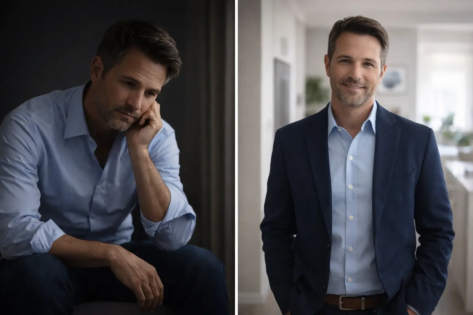 Before and after comparison of a man appearing concerned versus confident following erectile dysfunction treatment.