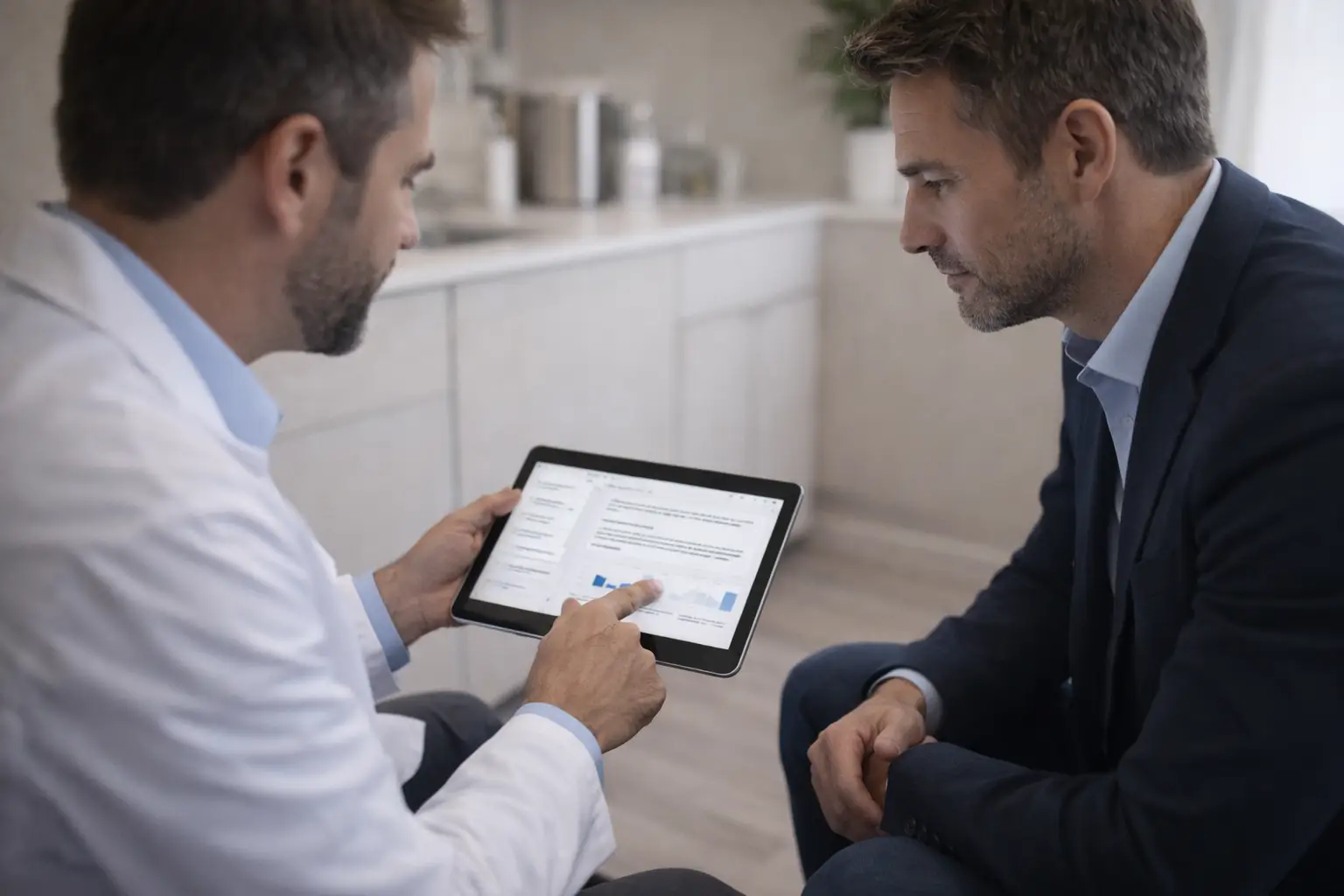 Doctor reviewing treatment information on a tablet with a male patient during erectile dysfunction consultation.