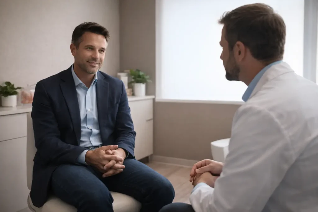 Male patient speaking with doctor in a private clinic room about erectile dysfunction concerns.