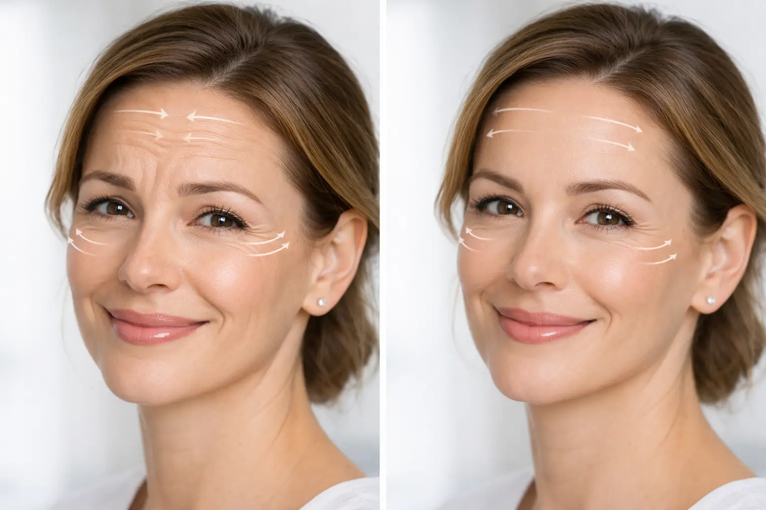 Side-by-side images of woman's face with arrows indicating forehead and eye area line differences