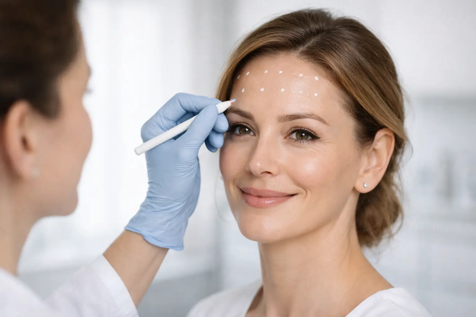 Practitioner marking and preparing woman's forehead for injection while she looks forward