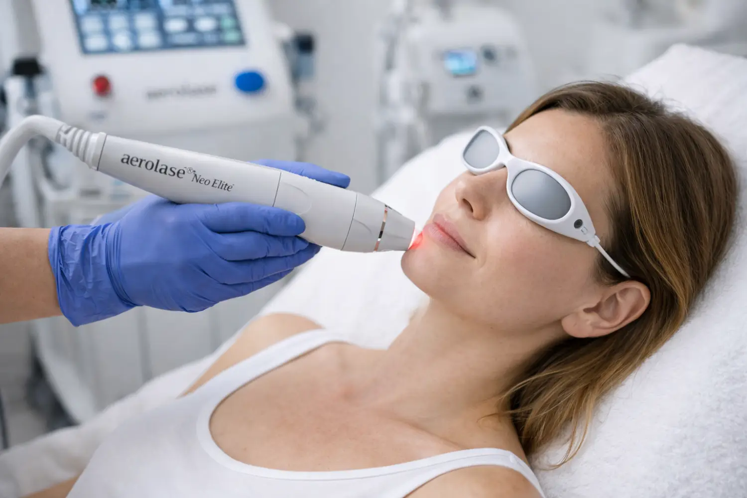 woman receiving laser facial treatment for redness and rosacea in medical spa setting