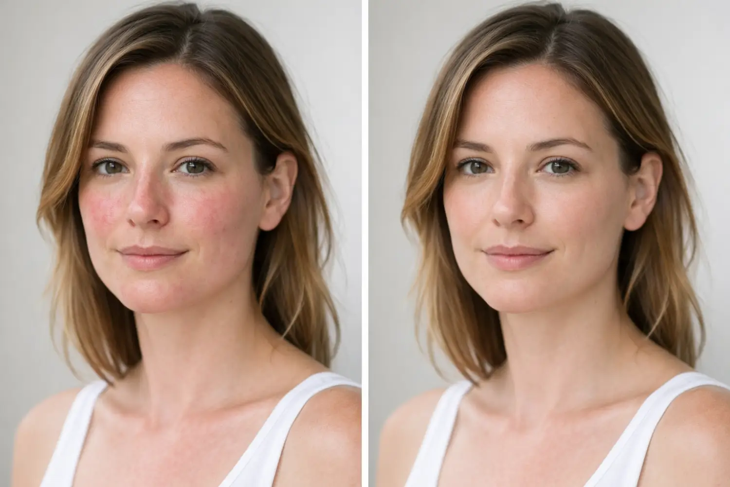 side-by-side comparison of woman with facial redness from rosacea and clearer skin after treatment